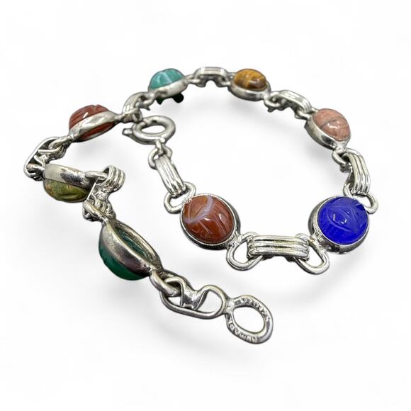 Vintage Gold Filled Scarab Bracelet Genuine Stones Chalcedony Onyx Tiger Eye - Picture 2 of 8